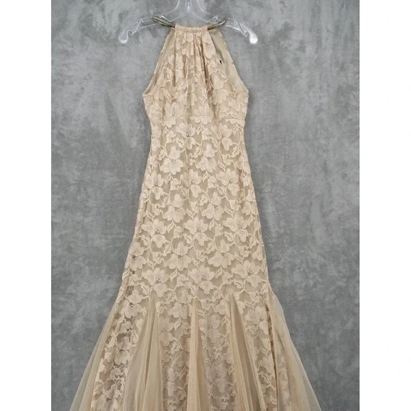 Xscape Dress Womens 4 Sheer Floral Lace Trumpet Gown Feminine Wedding Lined Tan - Picture 2 of 14